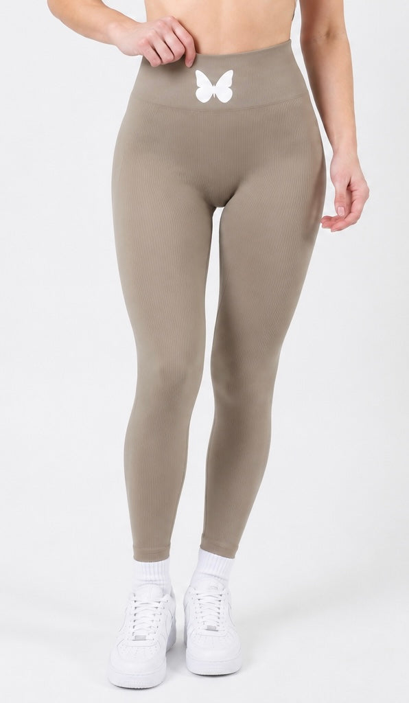 Butterfly - Women’s Khaki  / Brown Ribbed Seamless High Waisted Leggings